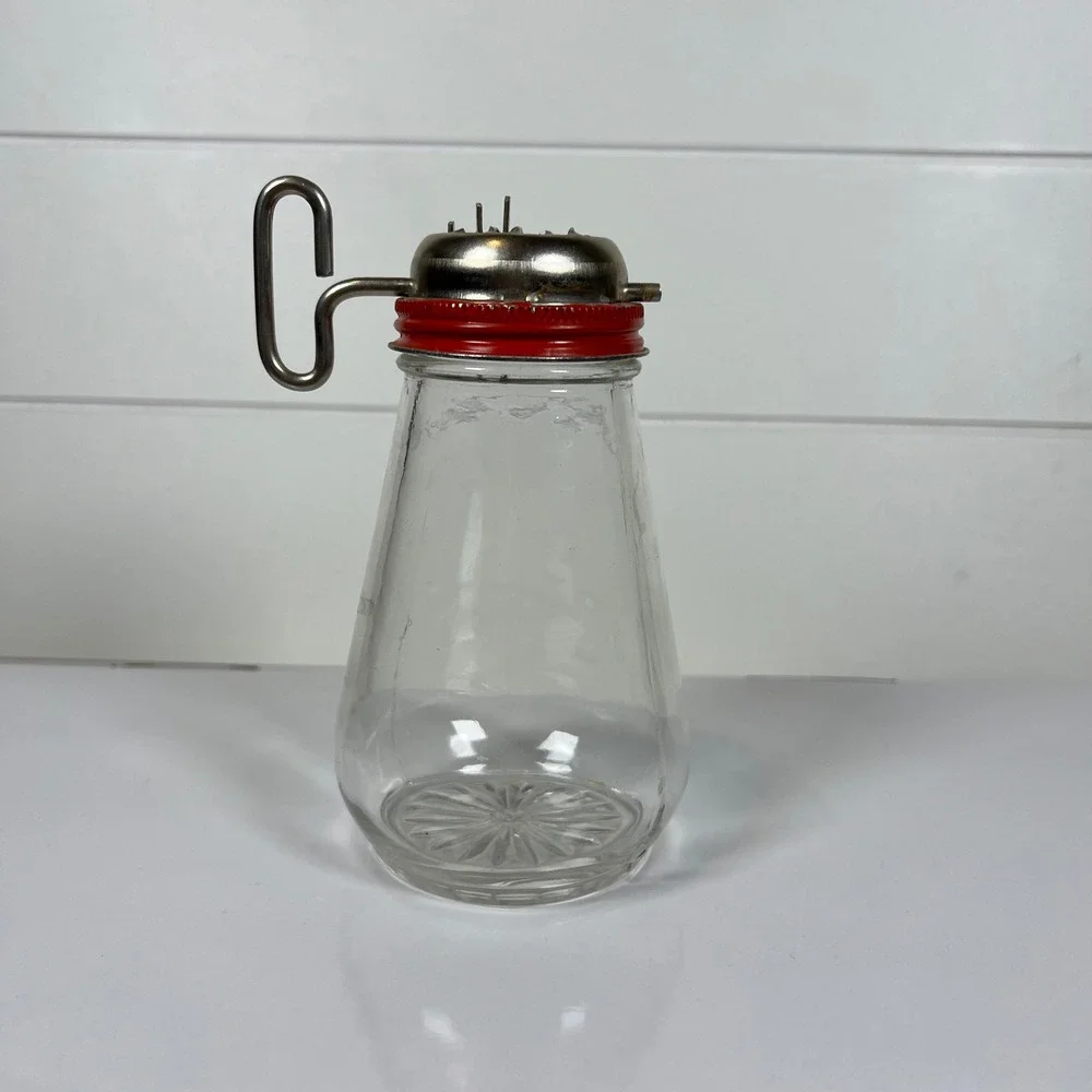 Vintage Glass Powdered Sugar Shaker Red Metal Lid Mechanical Sifter Retro